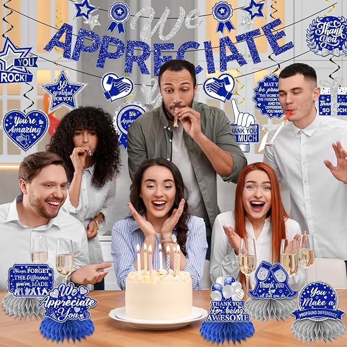 Image of We Appreciate You Decorations, Blue Silver Thank You Decorations includes We Appreciate You Banner and Employee Appreciation Table Decorations and Hanging Swirls for Pastor Appreciation Decorations