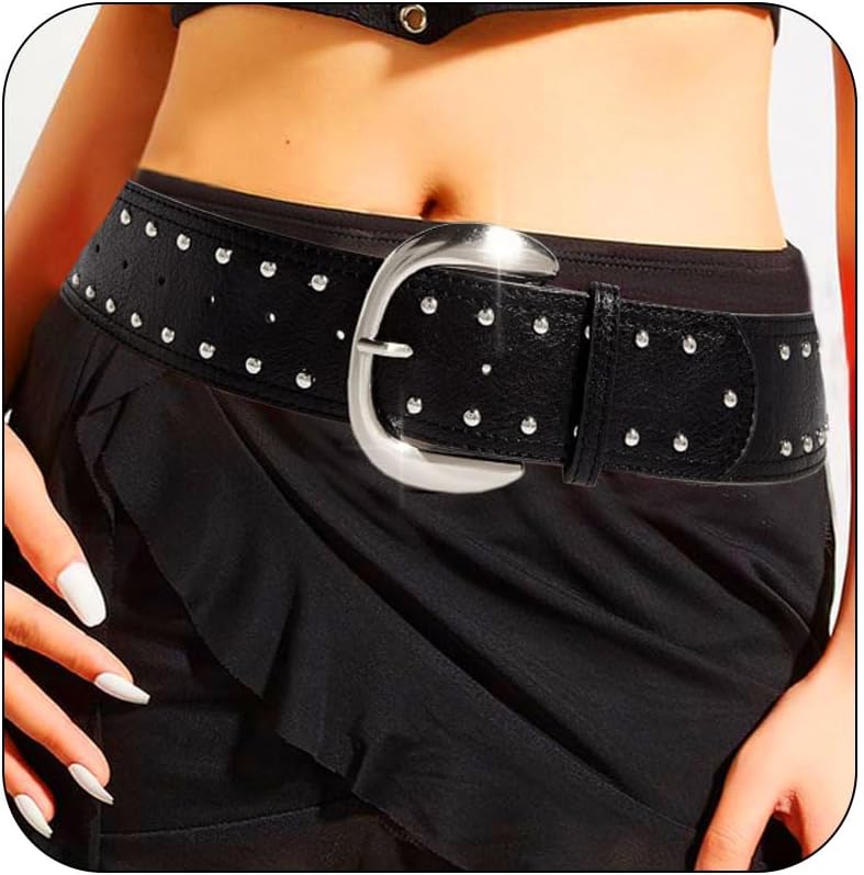 Black Studded Belt for Women Rock Rivet Wide Leather Belt for Dress Pants Y2K Cowgirl Chunky Belts Punk Thick Belt