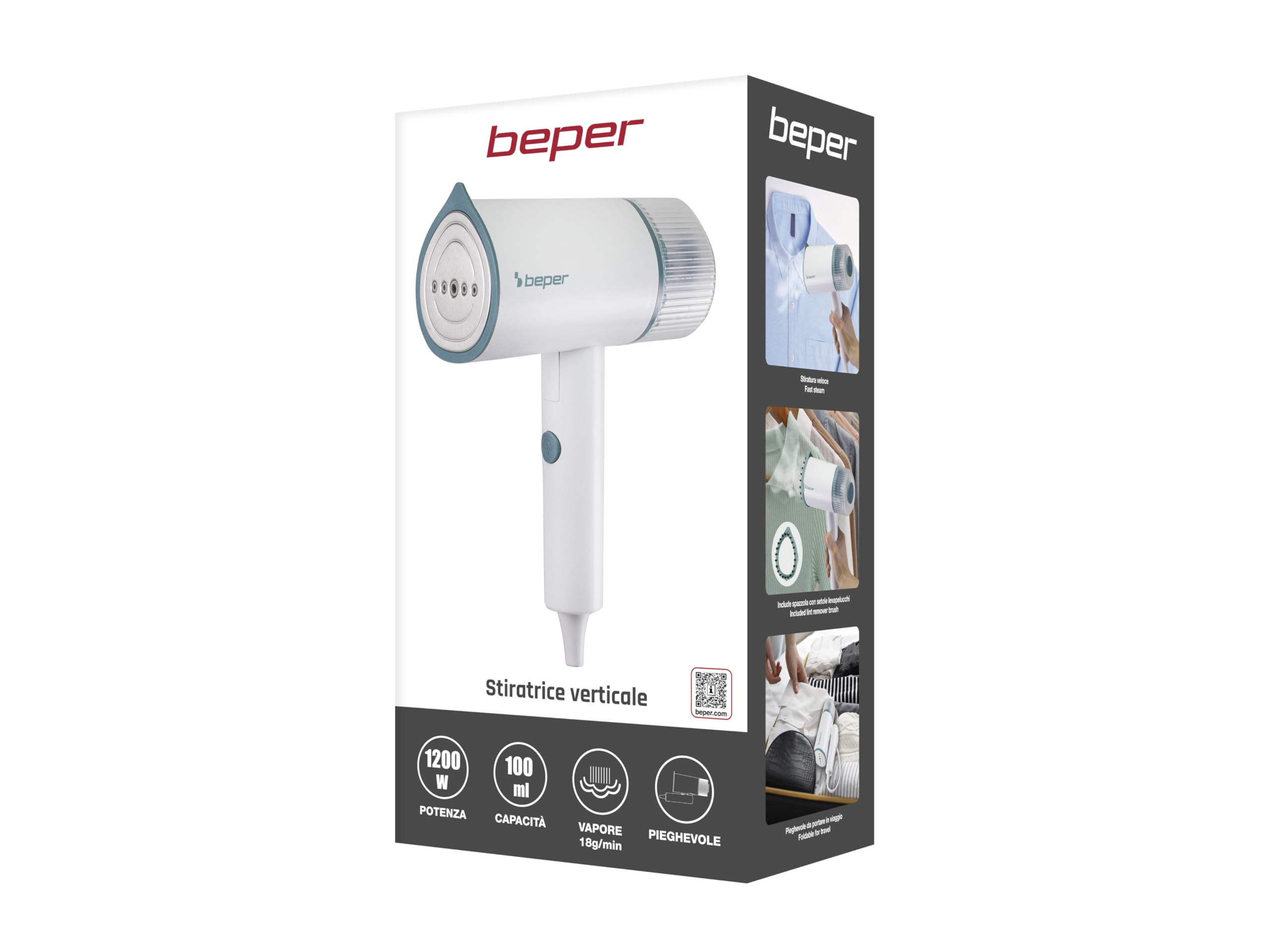 BEPER P204FER210 Stiratrice Verticale Portatile Pieghevole – 1200W, Vapore Continuo 18g/min, Serbatoio 100 ml Removibile, Spazzola Levapelucchi Inclusa, Adatta a Tutti i Tessuti, Perfetta da Viaggio