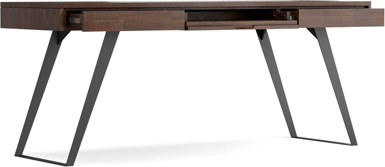 SIMPLIHOME Lowry Large Desk - 72 Inch Wide Solid Acacia Wood and Metal Writing Desk in Distressed Charcoal Brown, Modern Industrial Home Office Table with 2 Deep Drawers and Flip-Down Keyboard Tray