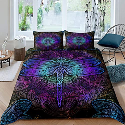 Homewish Bohemian Dragonfly Comforter Cover King Size Mandala Paisley Bedding Set Purple Dragonfly Duvet Cover Tie Dye Trippy Gypsy Iridescent Chic Hippie Quilt Cover Decor 3 Pcs