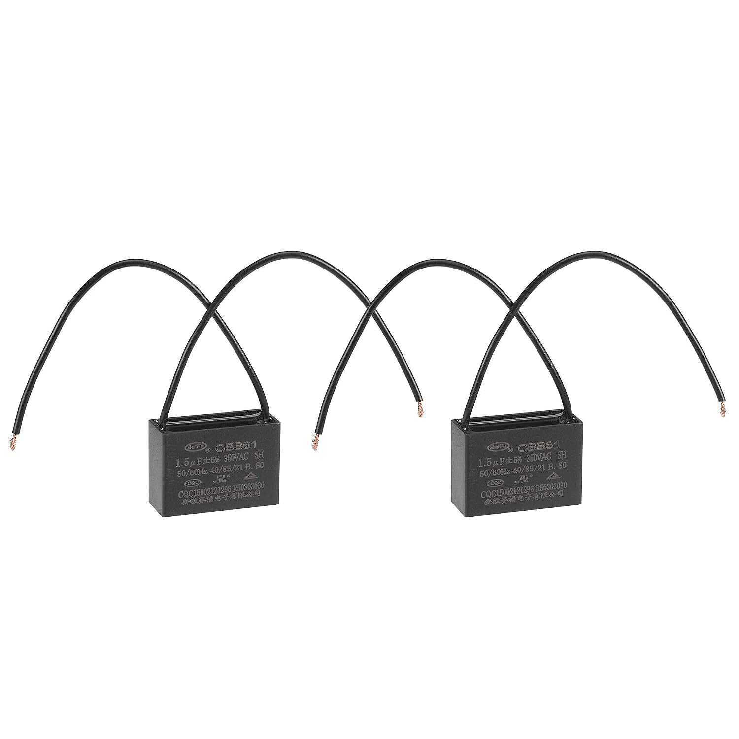 sourcing map Ceiling Fan Capacitor CBB61 1.5uF 350V AC 2 Wires Metallized Polypropylene Film Capacitor 37x26x15mm for Electric Fan Pump Motor Generator 2Pcs