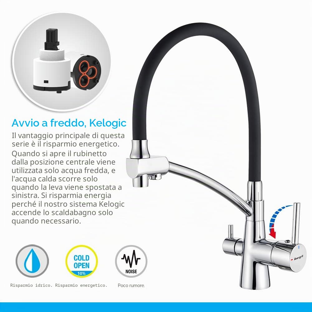 Ibergrif Rubinetto 3 Vie Cucina,Rubinetto per Cucina a Girevole a 360°, Miscelatore per Lavello Con Beccuccio Flessibile, Rubinetto per Lavello Da Cucina per Acqua Fredda e Calda e Filtro