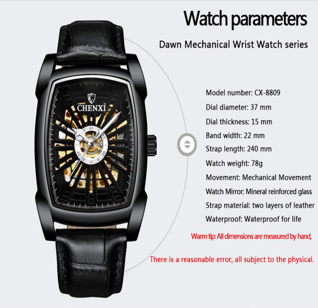MASTOP Mechanische Herren-Armbanduhr, automatisch, ausgehöhlt, leuchtend, wasserdicht, Leder, rechteckig, Tourbillon-Skelett-Uhr