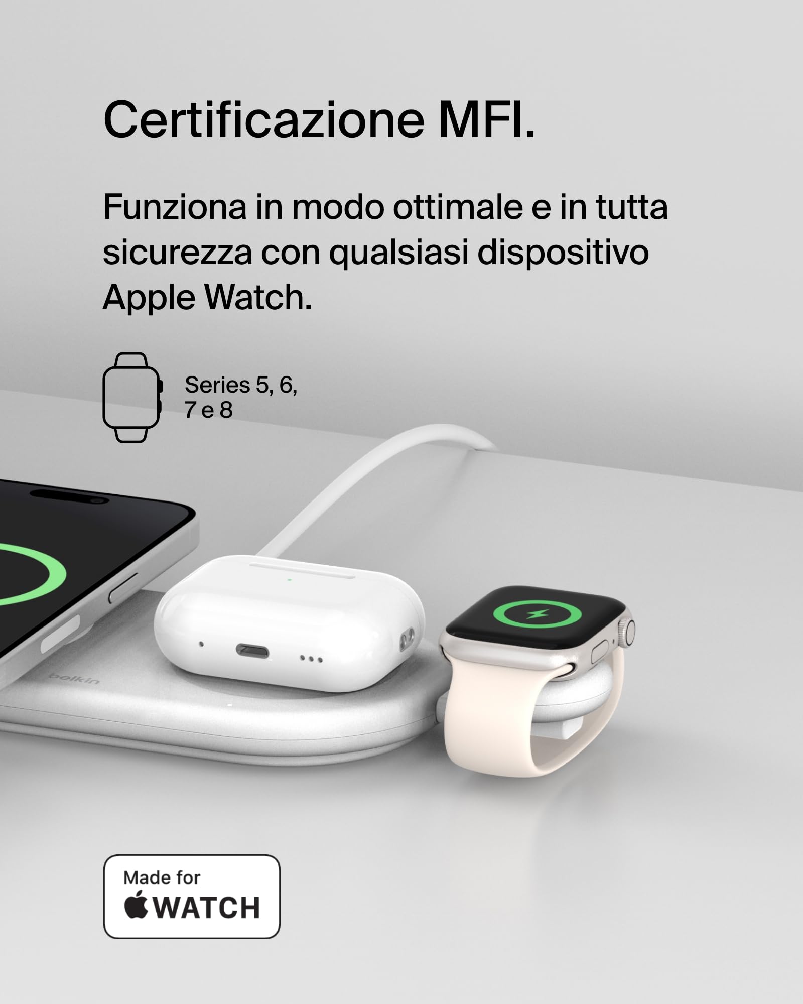 Belkin BoostCharge Caricabatteria USB-C portatile per Apple Watch, caricatore USB-C certificato MFi per Apple Watch Series 11/10/9/, Ultra e altri, compatibile con MacBook, iPhone 17 e altri - Bianco