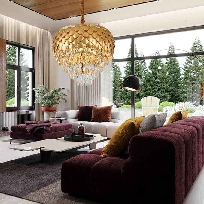 Image of Modern Ceiling Lamp 3-Tier Round Crystal Chandelier for Living Room | Modern Ceiling Light Jhumar for Hall for Home Decoration + 3 Color LED Light (Pine Apple, 300MM)