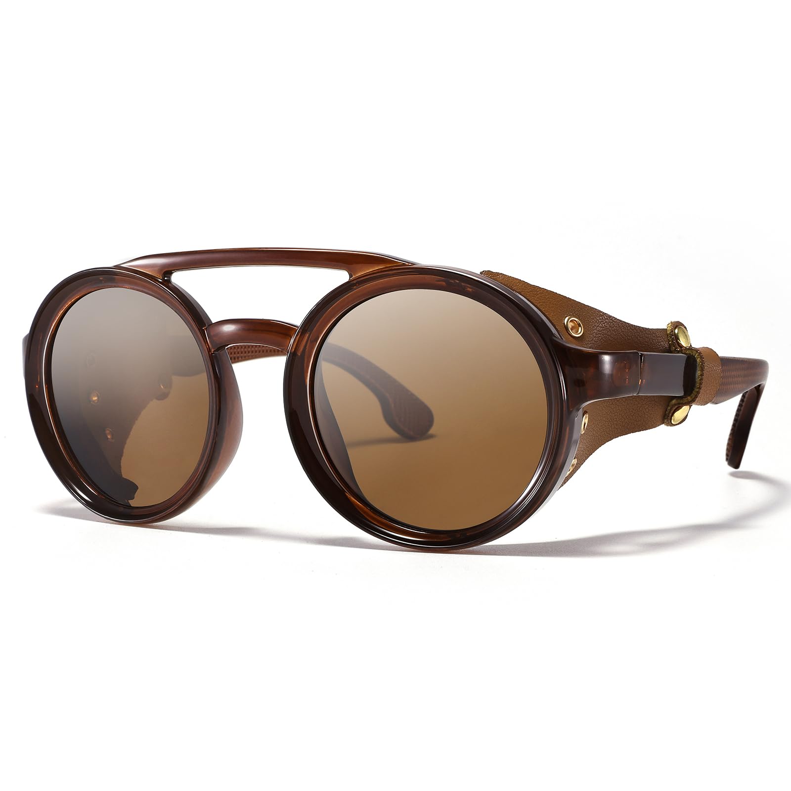 Retro Aviator Steampunk Polarized Sunglasses with Leather Side Shield Vintage Goggles Gothic Eyewear for Men Women