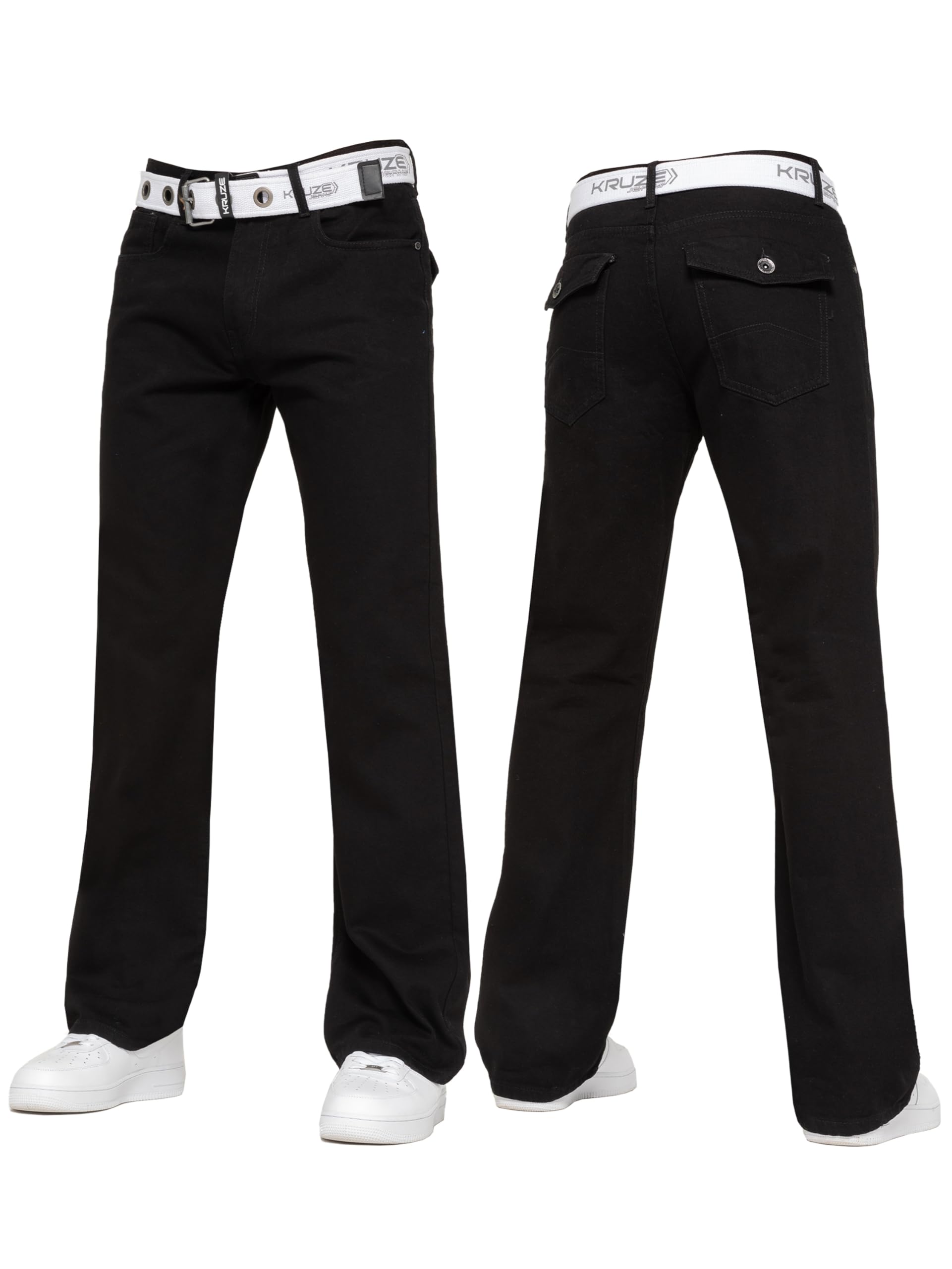 Brand Kruze Men's Black Bootcut Jeans Casual Flared Wide Leg Free Belt Stylish Fashion Denim Trouser Pants Kz115 38W / 32L