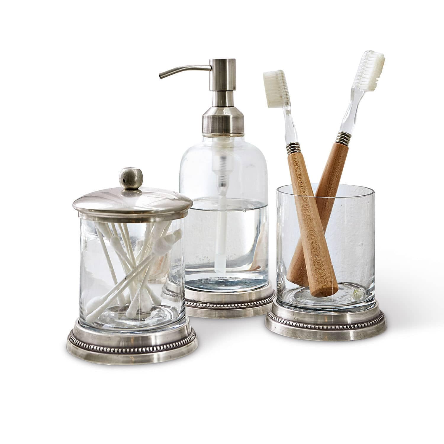 Loberon Bad-Set Drinapoly, Dose, Zahnbürstenhalter und Seifenspender, Feine Verzierung Klassisch Elegant, Badzubehör, Messing, Glas, klar/antiksilber | Dose, Zahnbürstenhalter und Seifenspender, Feine Verzierung Klassisch Elegant, Badzubehör, Messing, Gla