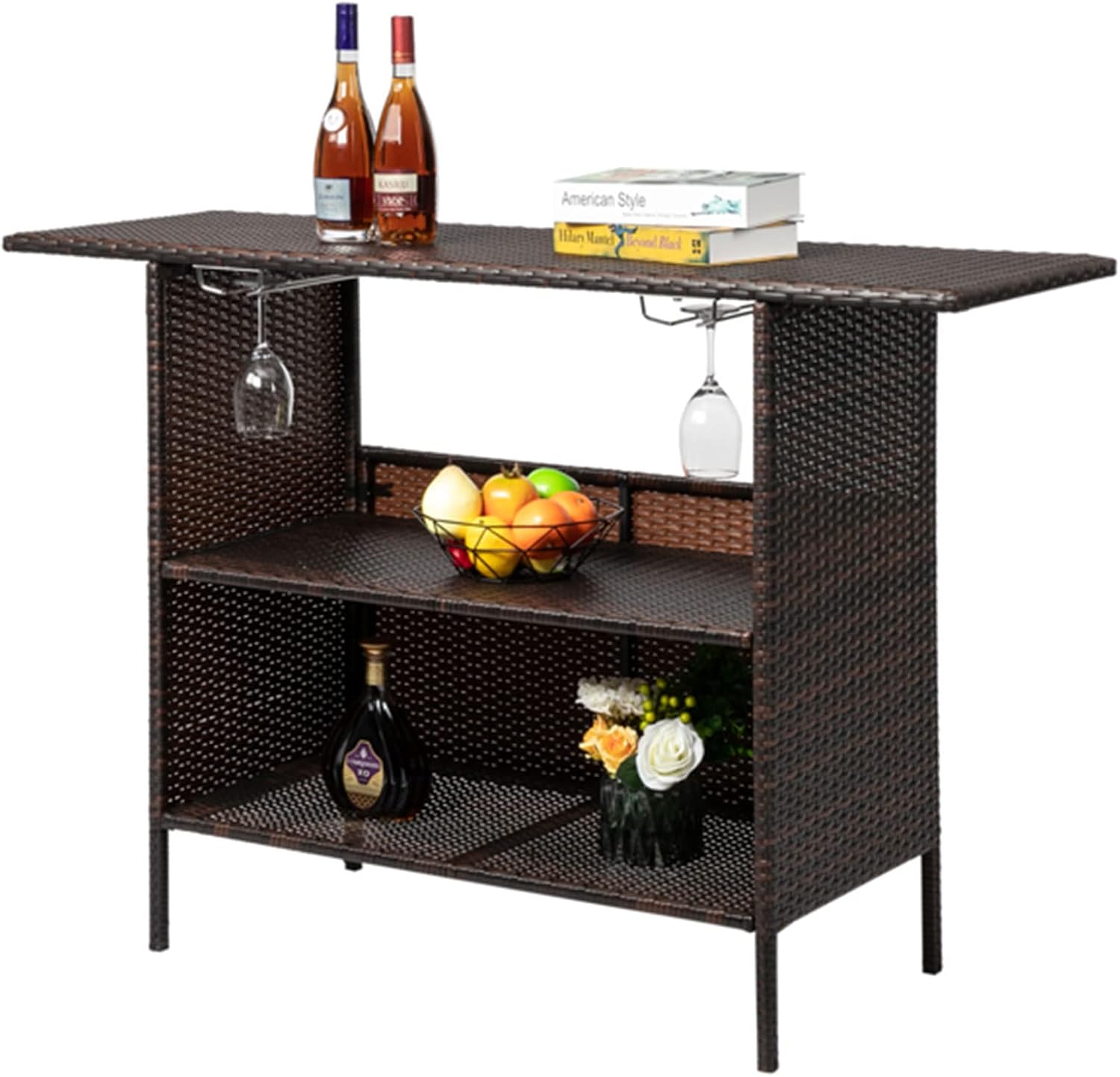 Ymlpre Outdoor Patio PE Wicker Bar Counter Table Brown