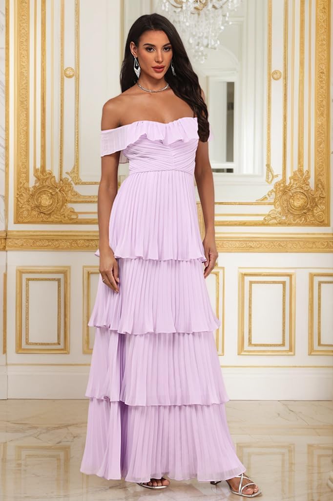Off Shoulder Bridesmaid Dresses Tiered Chiffon Maid of Honor Dress for Wedding Backless Formal Evening Gowns