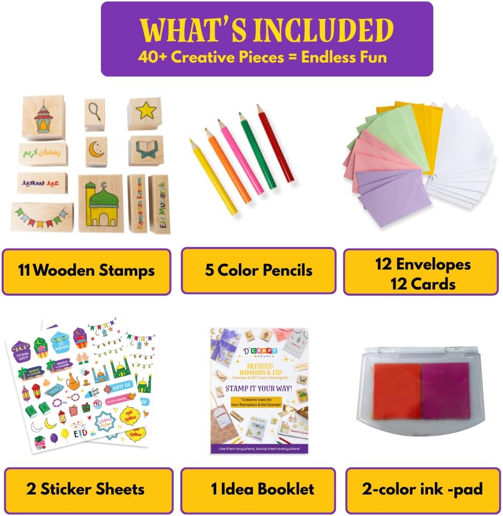 Ramadan & Eid Crafts Set with Stamps DIY Card-Making Kit for Kids 40 Pieces 11 Wooden Stamps, 12 Cards & Envelopes, 5 Pencils, Dual-Color Ink Pad, Ramadan Stickers-Islamic Gifts, Ramadan Decor