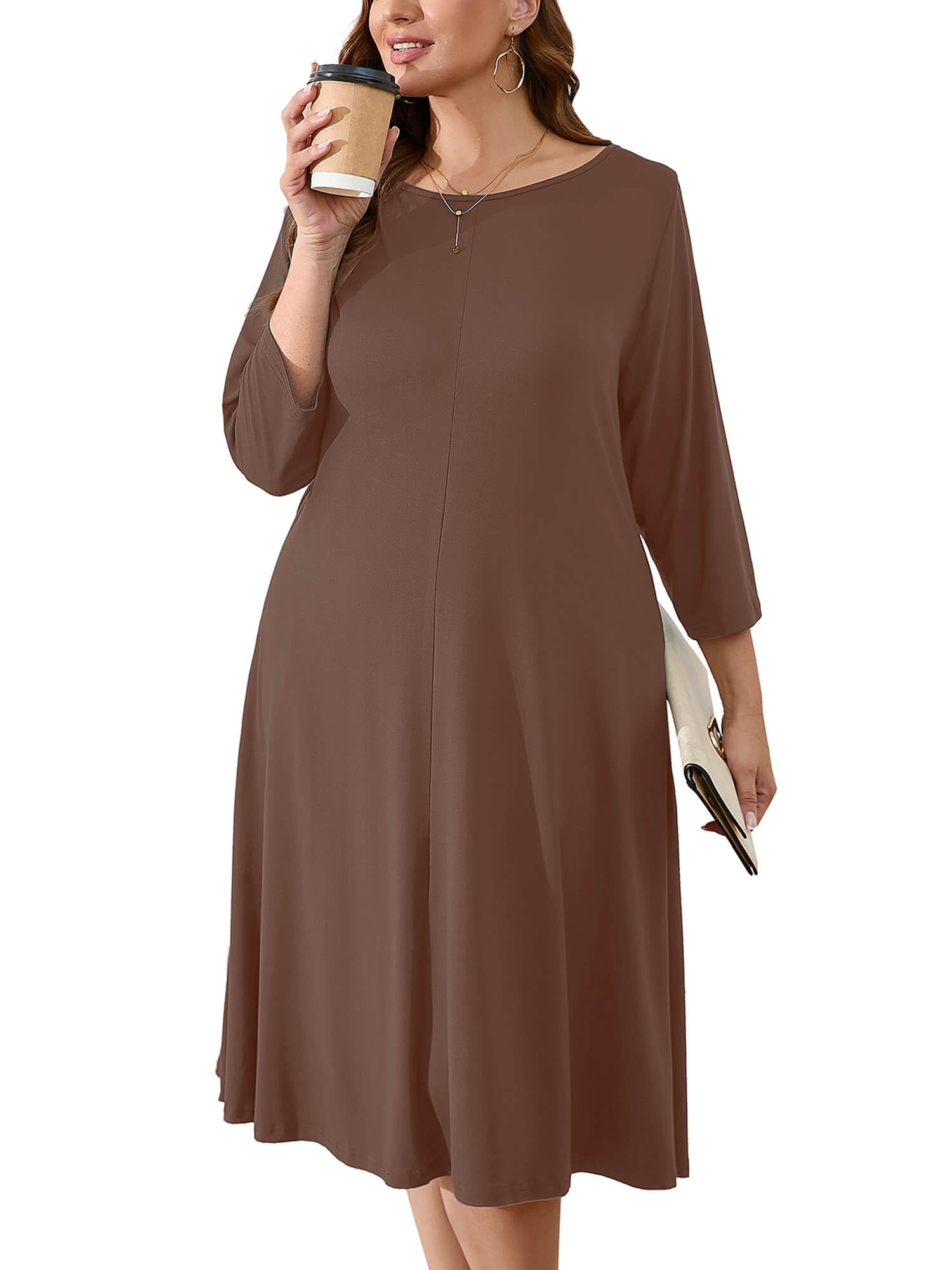AusLook Women's Plus Midi Dresses Crew Neck A Line 3/4 Sleeves Casual Elegant Loose Wedding Vacation Dress with Pockets