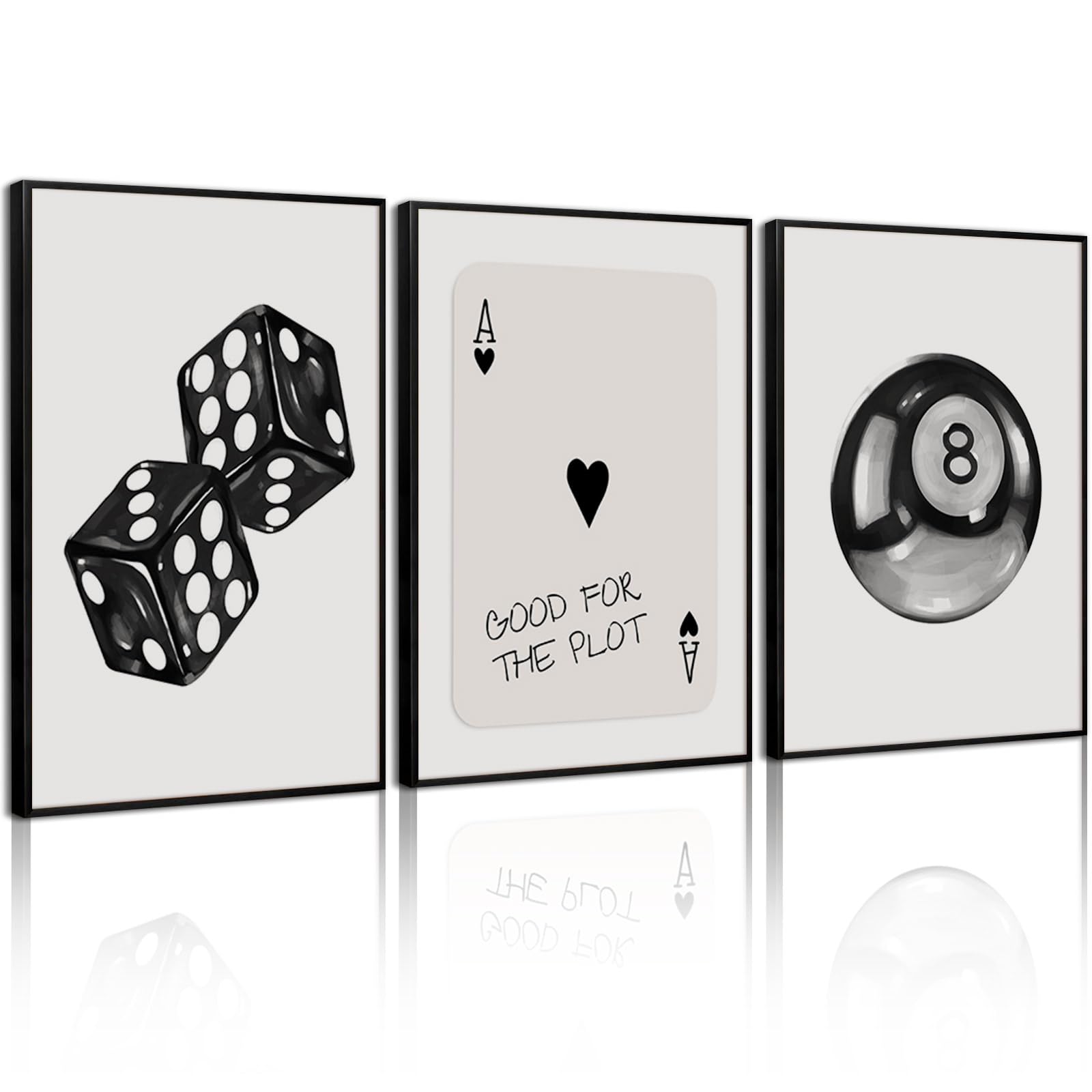 LMYSXAOZ 3Pcs Unframed Black White Aesthetic Wall Art Decor 8 Ball Canvas Poster Cool Dice Pictures Room Trendy Poker Prints Retro Painting Artwork for Apartment Dorm 20x30inch