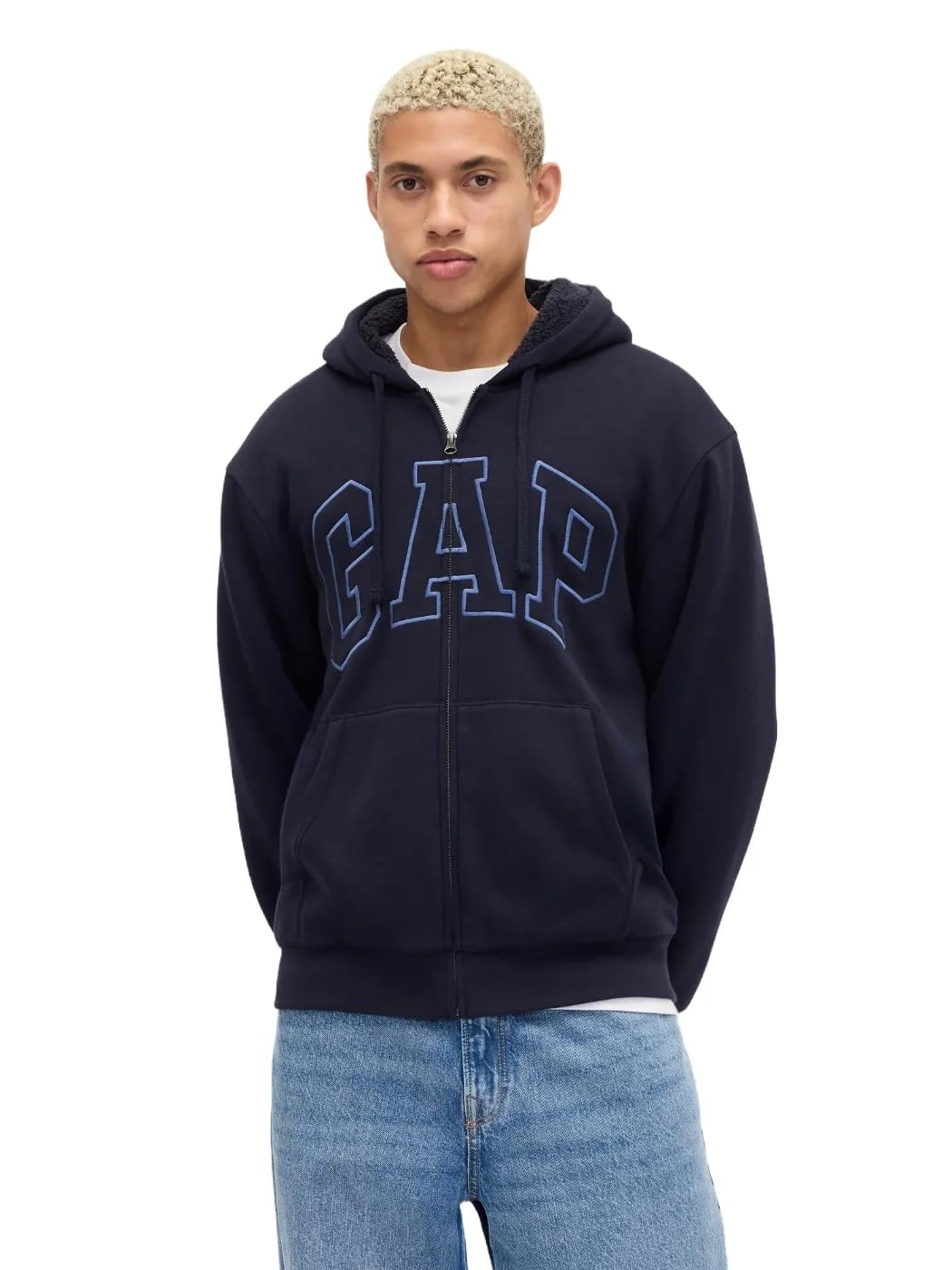 Gap Men's New Classic Navy Logo Sherpa Full Zip Sweatshirt, L