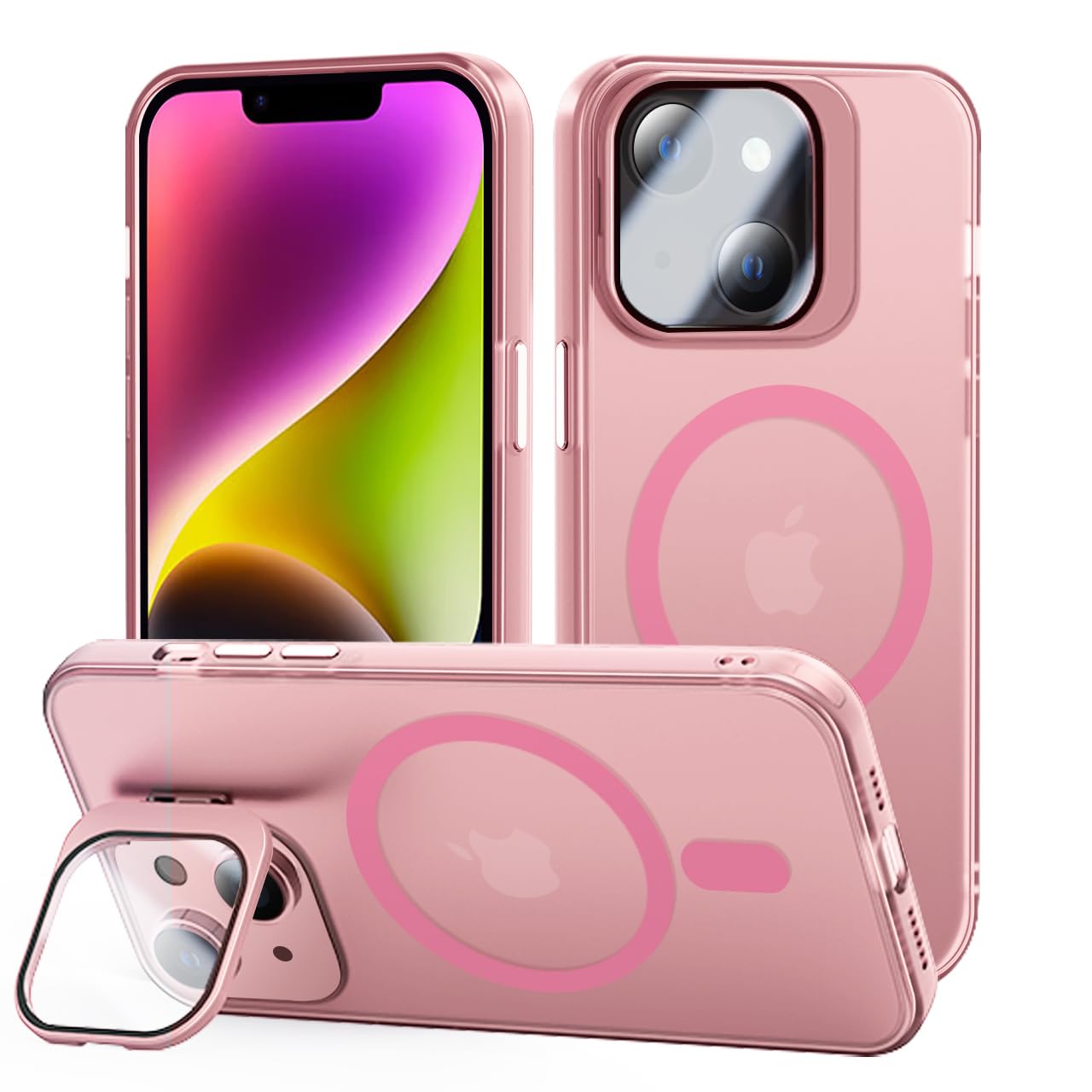 tigratigro Cover con Cavalletto,Compatibile con iPhone 14 Plus,Protezione Fotocamera H9 vetro temperato,Custodia Posteriore Glassata Traslucida, Anti-Impronte,Sensazione di Velluto (Sakura Pink)