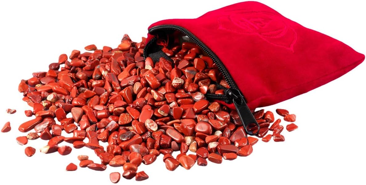 mookaitedecor Natural Red Jasper Tumbled Chip Stones, Crystals and Gemstones, Real Crushed Stone with Chakra Bag Mini Small Reiki Healing Red Crystal for Candle Spell Jars Resin Craft Art DIY 230g