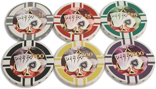 Poker Royal Flush 13.5 gm Clay Poker Juego de muestras de fichas - 6 fichas nuevas (mediano, casino, adulto, 1 jugador, $1 - $1000)