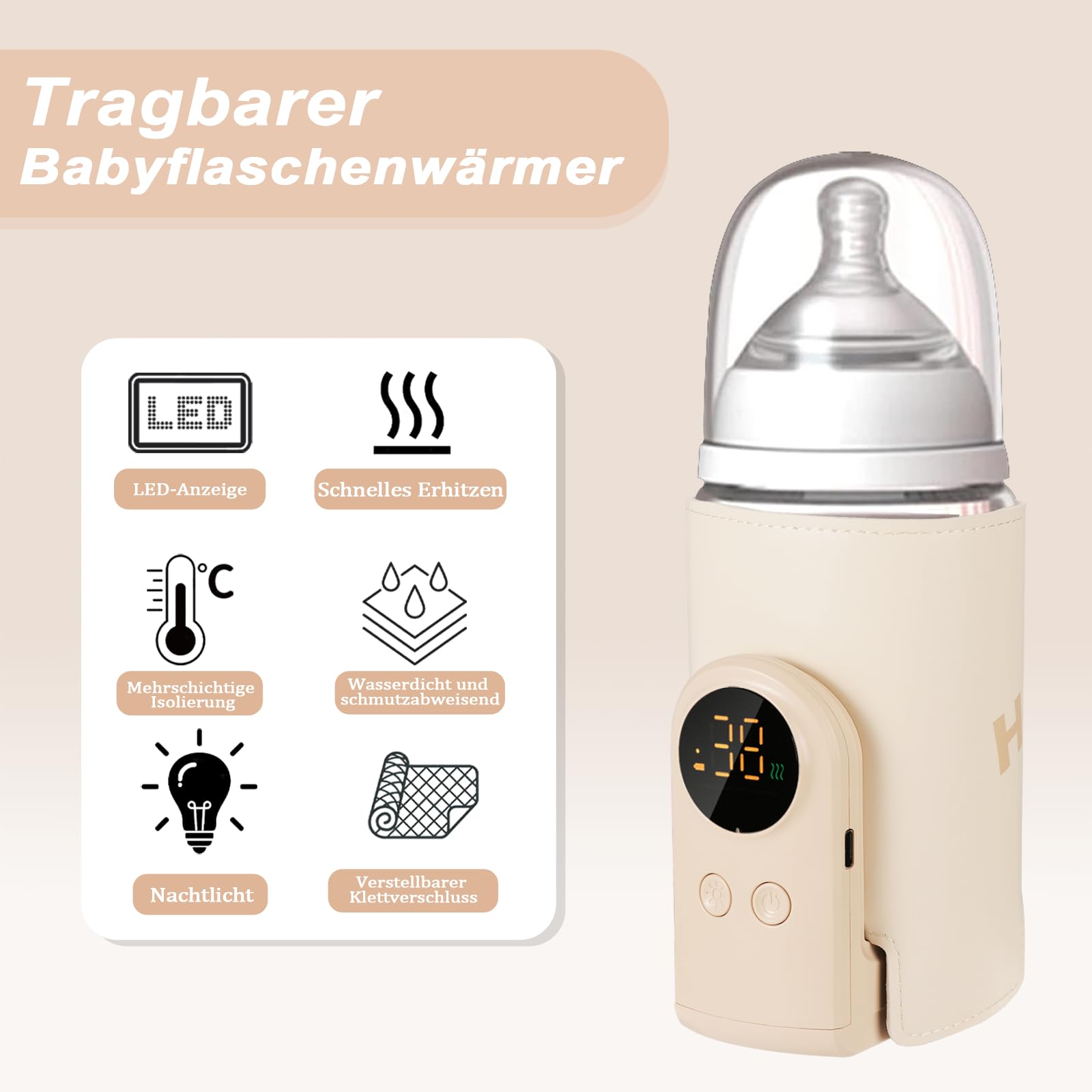 Flaschenwärmer Baby unterwegs mit 6-Temperaturstufen (38°C-50°C) - USB-C Flaschenwärmer für Unterwegs, Kompakt in Reisegröße, Intelligentes LCD & Thermikontrolle für Milch/Beikost (Gelb)