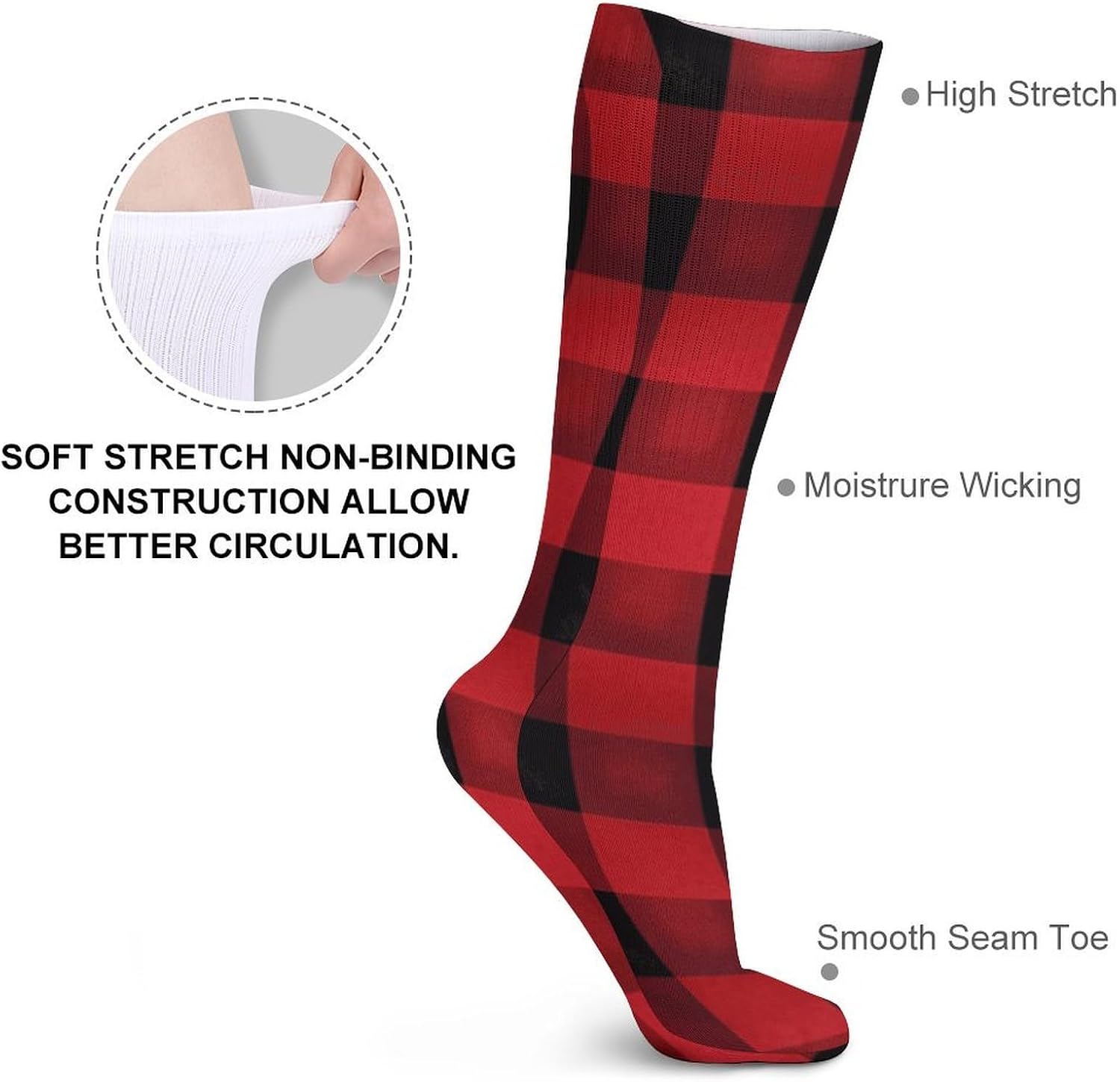 5-Pack Knee High Socks, 15.7 Inch Breathable Casual Socks Red Black Buffalo Check Plaid Pattern Stockings for Men Women