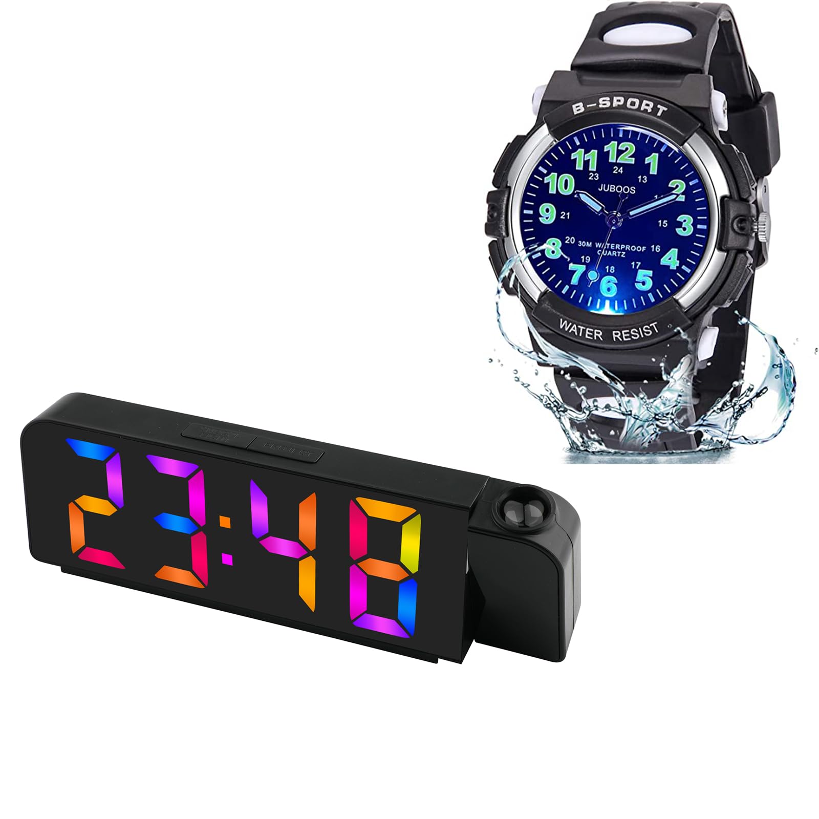JuboosProjection Alarm Clock, LED Digital Display Alarm Clock Kids Analog Watch, Kids Waterproof Quartz Watch
