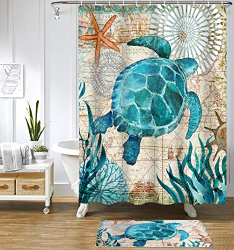 image for Uphome Sea Theme Foam Bath Mat Blue Turtle Rubber Non Slip Bathroom Ru