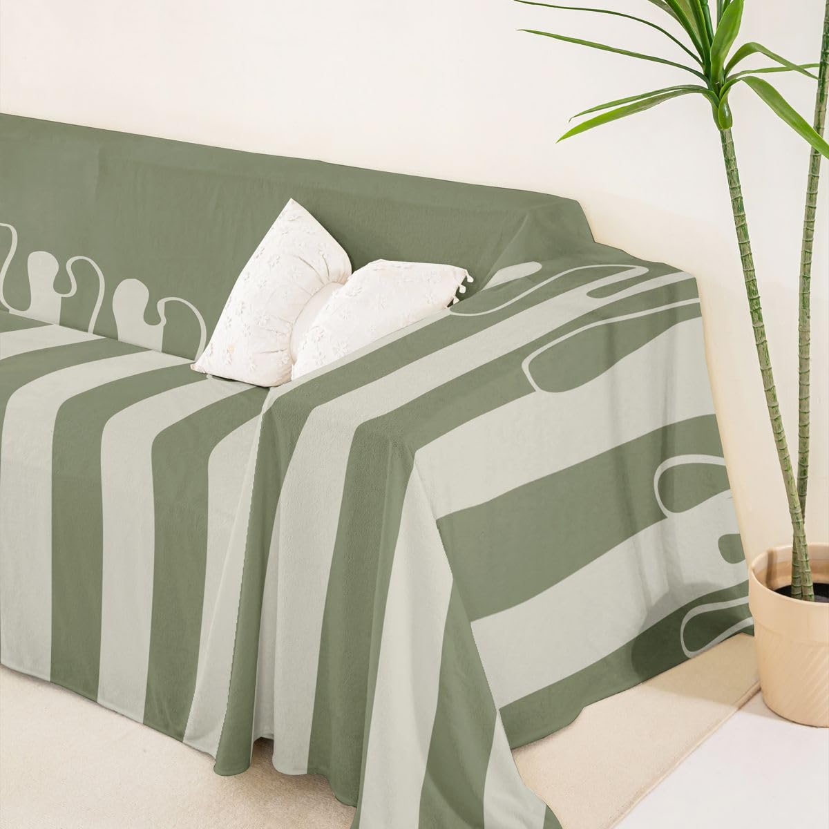 Homewish Housse de Canapé 180 x 300 cm Rayé Vert Sauge