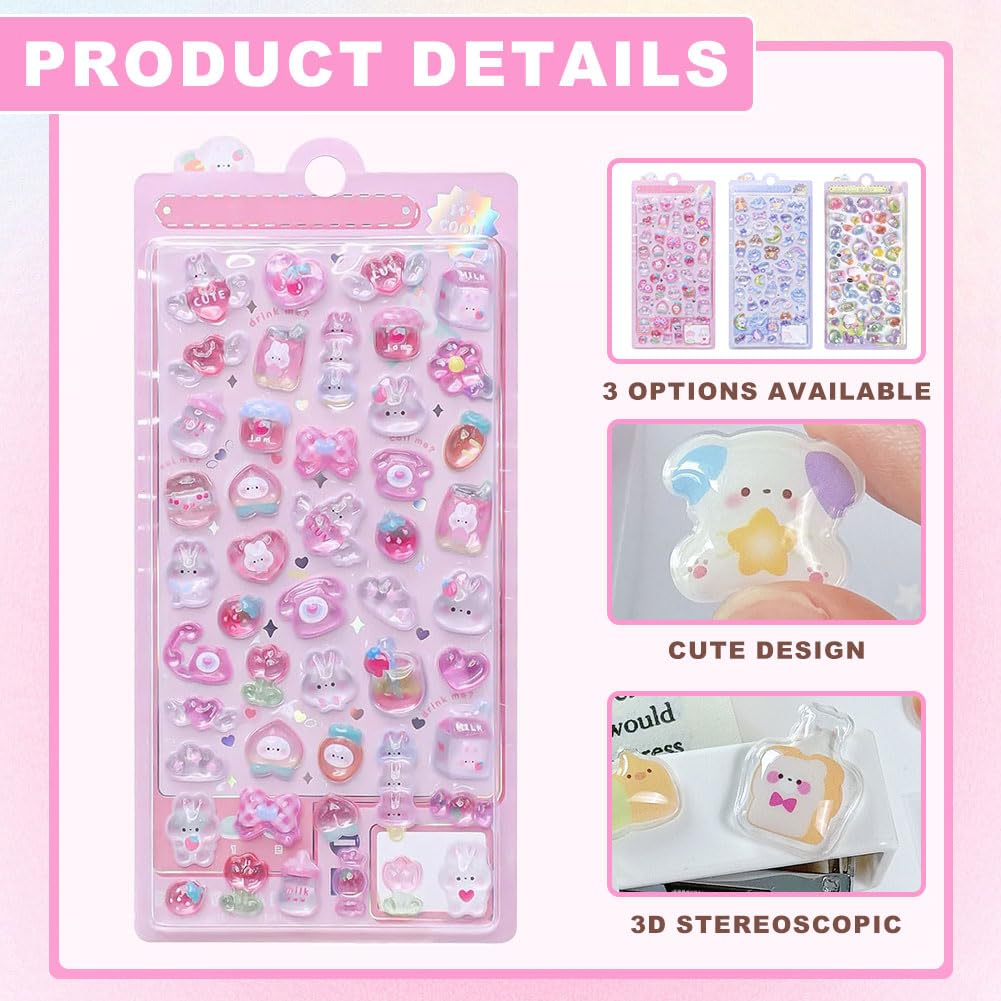 3D Puffy Sticker Sheets, Set of 3 Adorable Pink Bunny & Puppy & Dinosaur Designs, Thick Decals for Scrapbooks Journals - Image 3