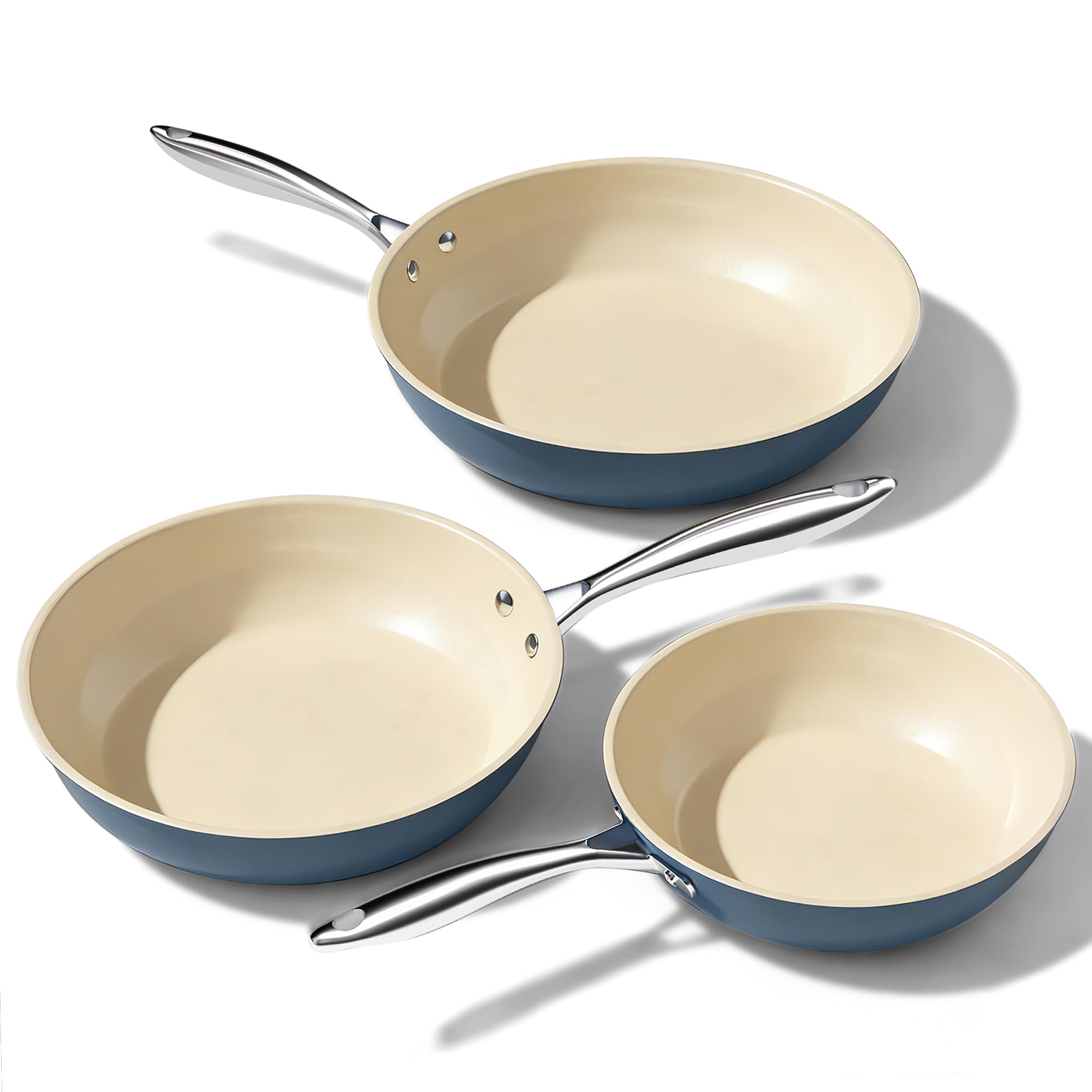 UUKRAVE Non Stick Frying Pan Set, Ceramic Frying Pan, Healthy & Non-Toxic, 20cm 24cm 28cm Ceramic Pan for Cooking with Stay Cool Handle, PFAS/PTFE/PFOA-Free, 8" 9.5" 11" Skillet Set, Oven Safe, Blue