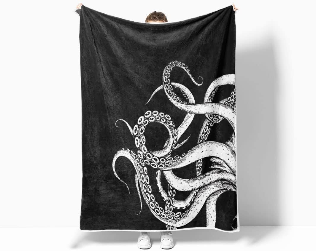 Octopus Throw Blanket, Funny Black and White Sea Monster Kraken Animal Goth Fleece Blanket, Unique Novelty Nautical Coastal Soft Flannel Throw Blanket for Chair Bed Sofa Couch, 60X80IN