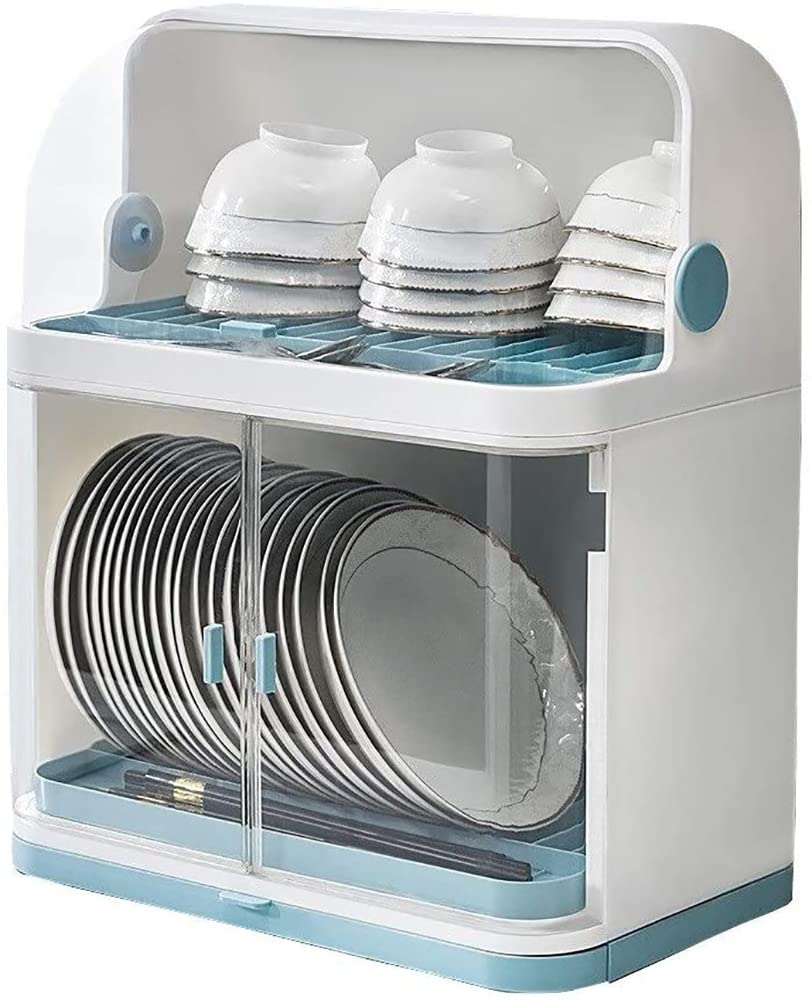 JJONE 2-Tier Drain Dish Rack With Cover , Large Capacity Multi-function Drying Rack With Removable Drain Board, For Plates, Cutlery, Cups, Dishes (I-White)