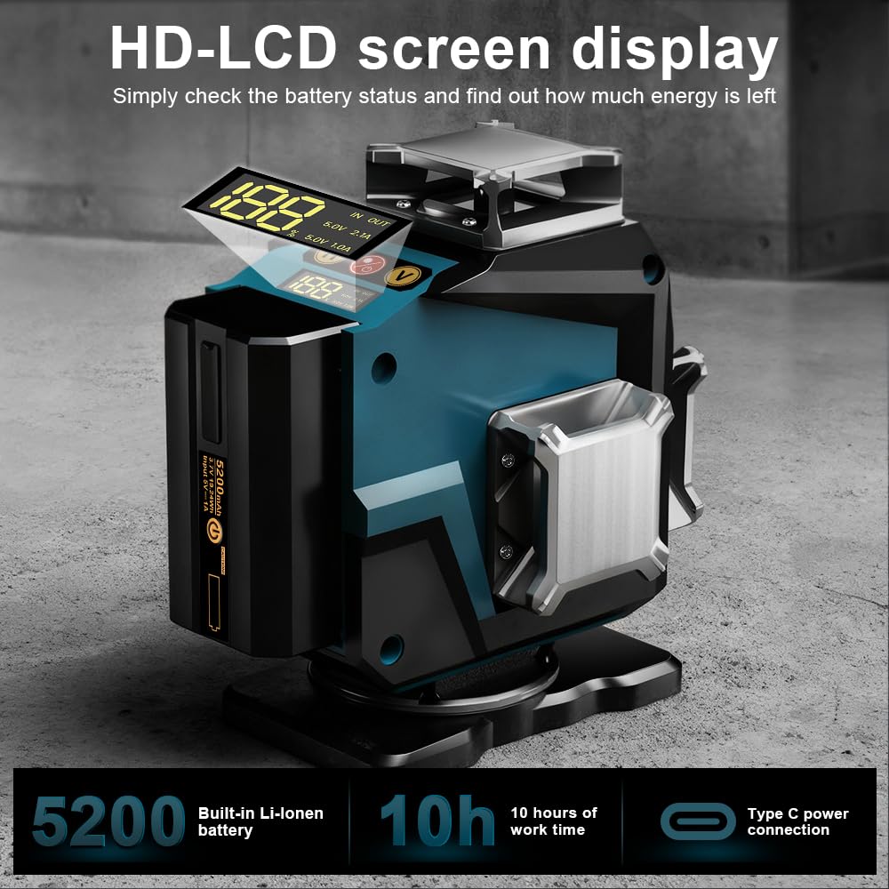 Nivel Laser Autonivelante 360 Grados con Trípode, Nivel Láser Verde 16 Líneas, 2 x 360 Horizontal y 2 x 360 Verticales, 2 x 5200mAh Batería, Control Remoto, Base Magnética, Soporte Giratorio