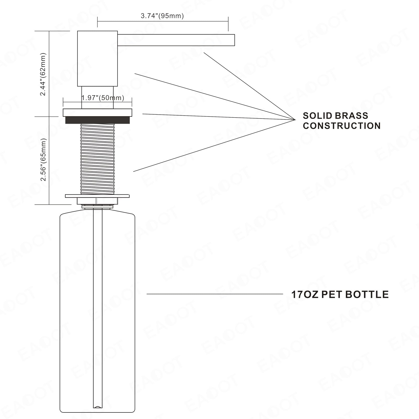 Dispensador de jabón integrado de latón para fregadero de cocina, níquel cepillado, montado en cubierta, dispensador de jabón con botella de PET recargable de 17 onzas sobre el fregadero, cabezal de