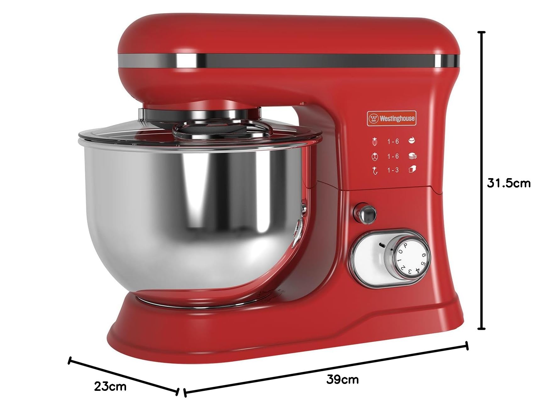 Westinghouse Batidora de pie Retro - 1200W - Tazón de cocina 5L - Robot de cocina - Batidora de cocina - Procesador de alimentos - Rojo