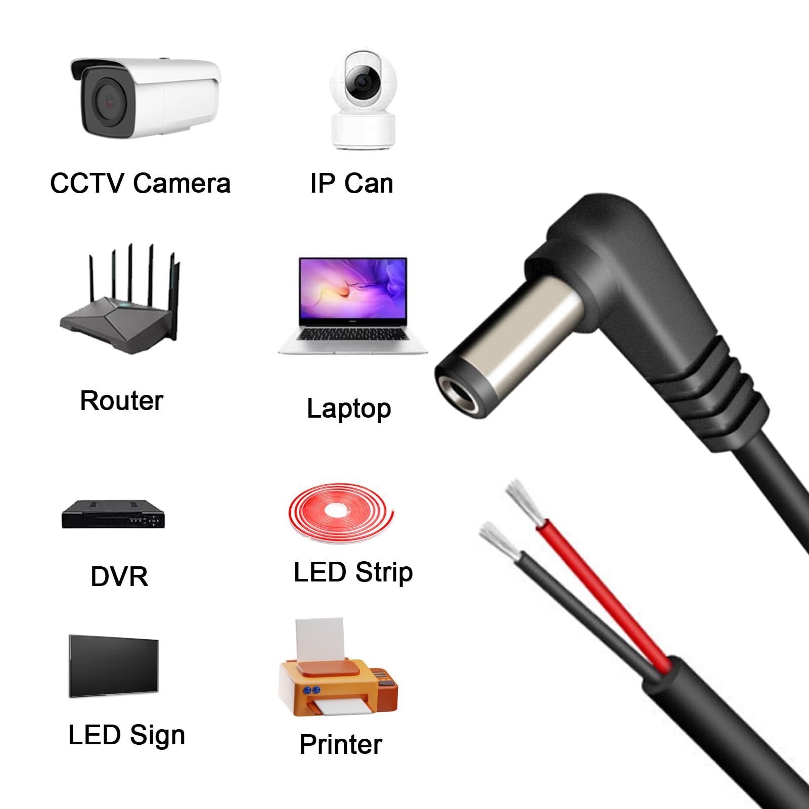Lot de 3 connecteurs mâles à angle droit de 0,3 m 18 AWG à 90 degrés d'alimentation CC 5,5 mm x 2,1 mm vers câble Pigtail 12 V 7 A pour réparation et remplacement de caméra de surveillance