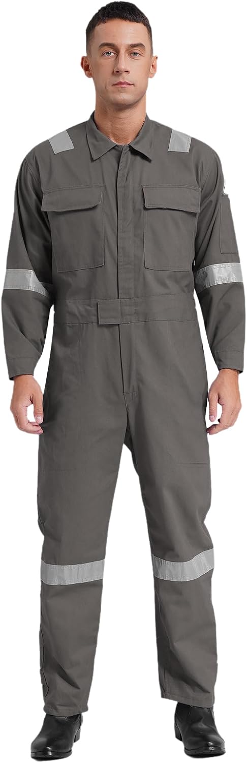 Men's Lightweight Work Coveralls One Piece Cotton Reflective Safety Mechanics Jumpsuits Workwear
