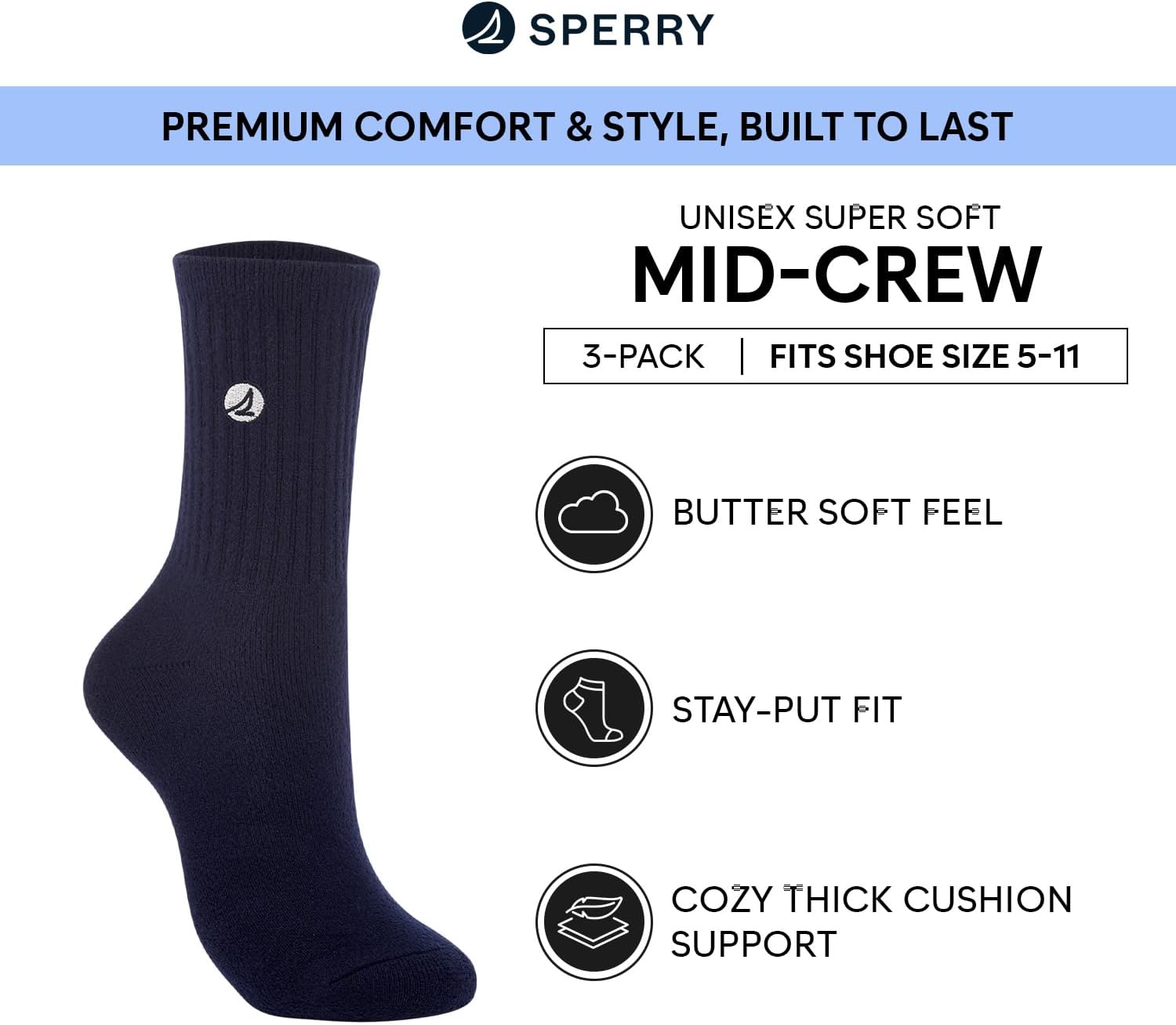 Sperry Unisex Super Soft Cushioned Mid Crew Socks, 3-Pack – Plush Comfort, Warm Winter Half Crew Fit - Image 3