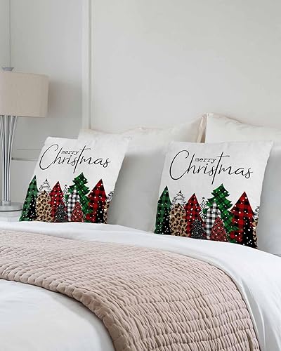 Miniatura 3 de MAIANNE Pack of 2 Cotton Throw Pillow Covers, Merry Christmas Red Xmas Tree Leopard Plaid Soft Square Pillow Covers Home Decoration Pillowcases for