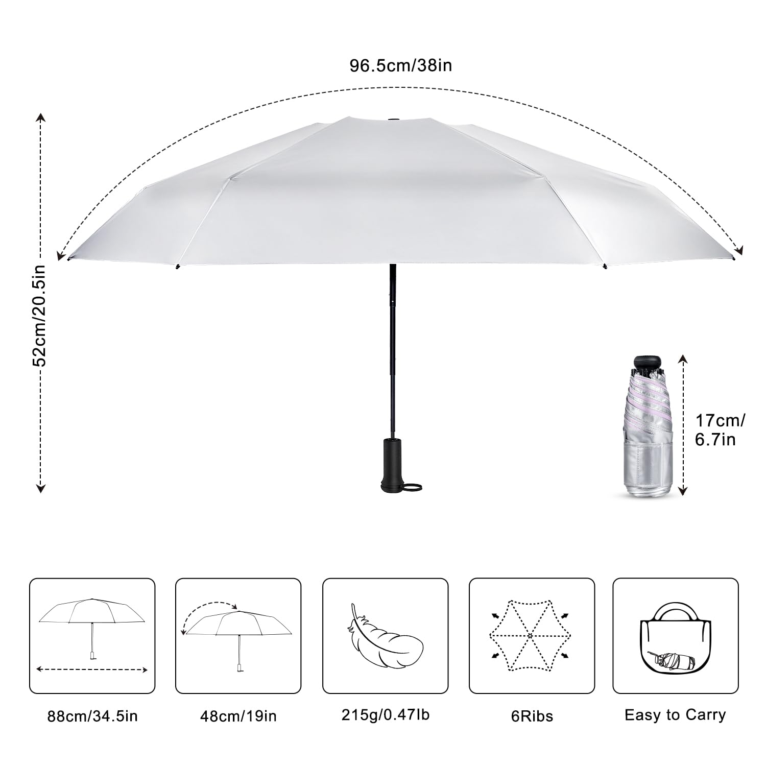 Mini paraguas de viaje, protección solar UPF 50+, compacto, manual, plegable, portátil, pequeño, color morado. 4