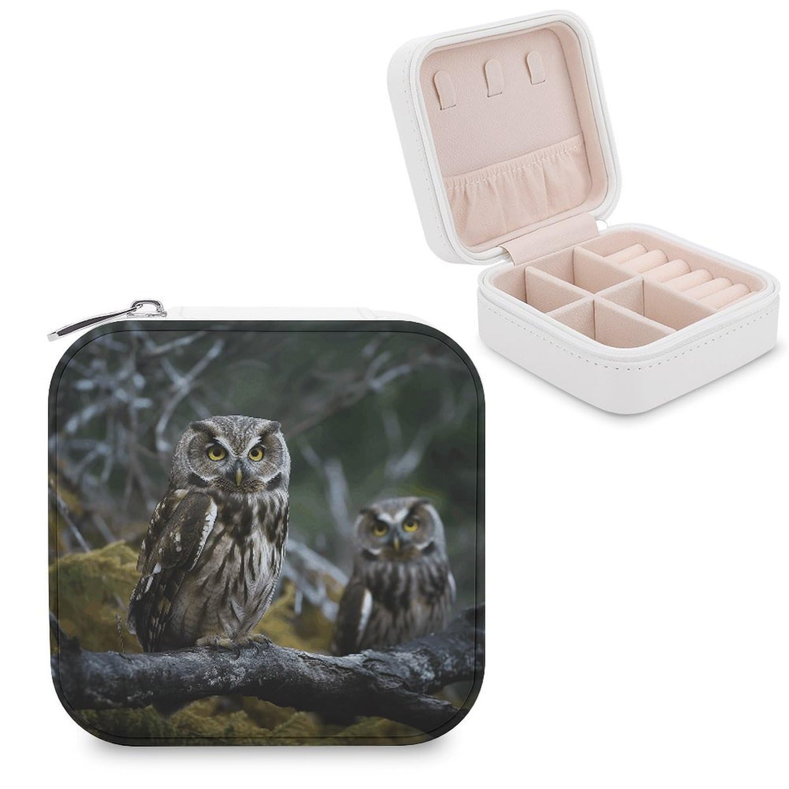 FekiLoot Wild Owl Birds Travel Jewelry Box Small Jewelry Organizer Storage Case Portable PU Leather Mini Jewellry Travel Case Necklace Ring Storage Organizer Gift for Women