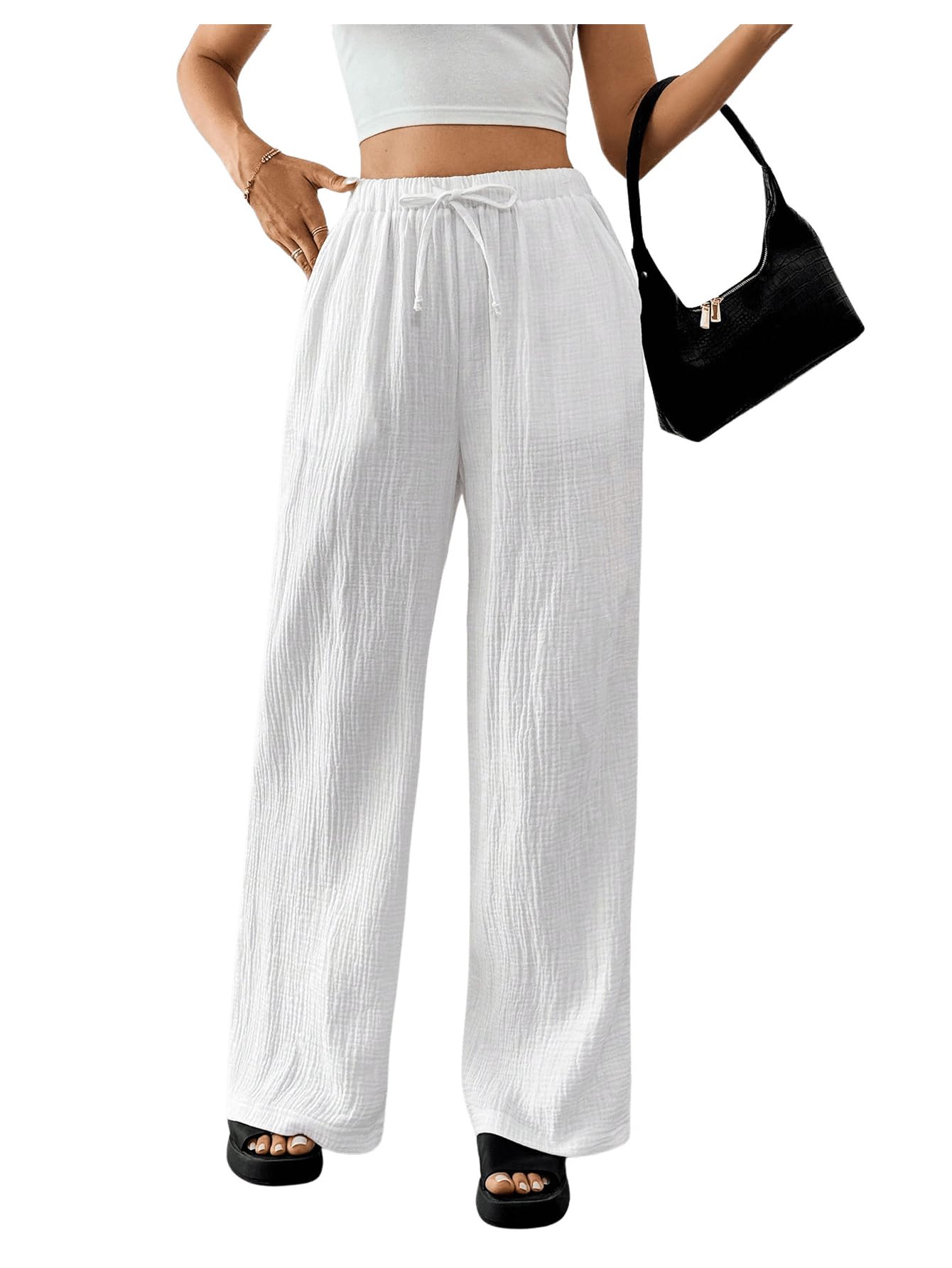 SHENHE Womens Drawstring Waist Wide Leg Casual Loose Pants Textured Pants with Pockets