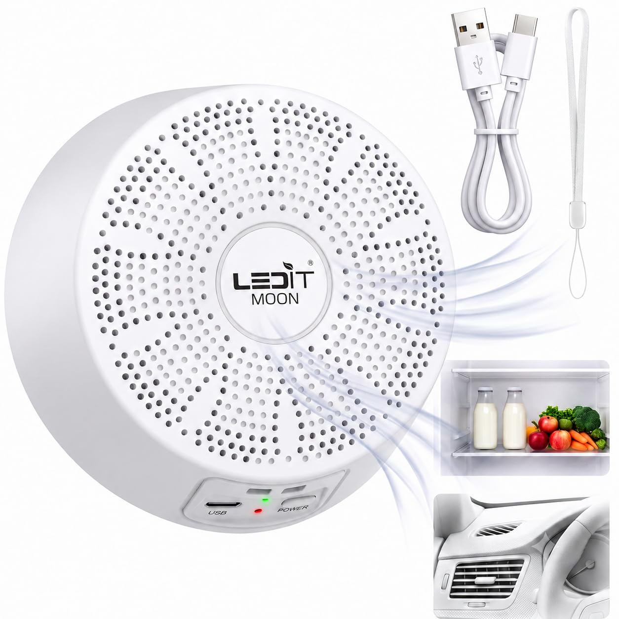 Ledit Moon - Purificador de aire para frigorífico y coche, generador de ozono 120 mg/h, recargable por USB, 3000 mAh, absorbe olores, diseñado en Italia, zapateros, armarios, bolsas de viaje, 3 ciclos