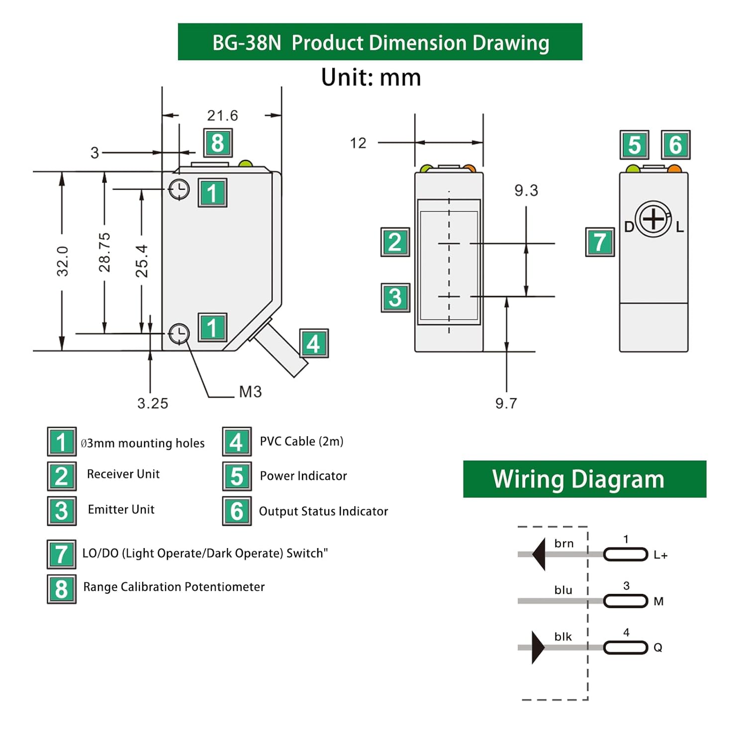 BG-38N Photoelectric Sensors,Background Suppression Diffuse Photoelectric Sensor,Sensing Distance 5-350mm,10–30VDC,NPN Output,Detection Distance Unaffected by Object Color