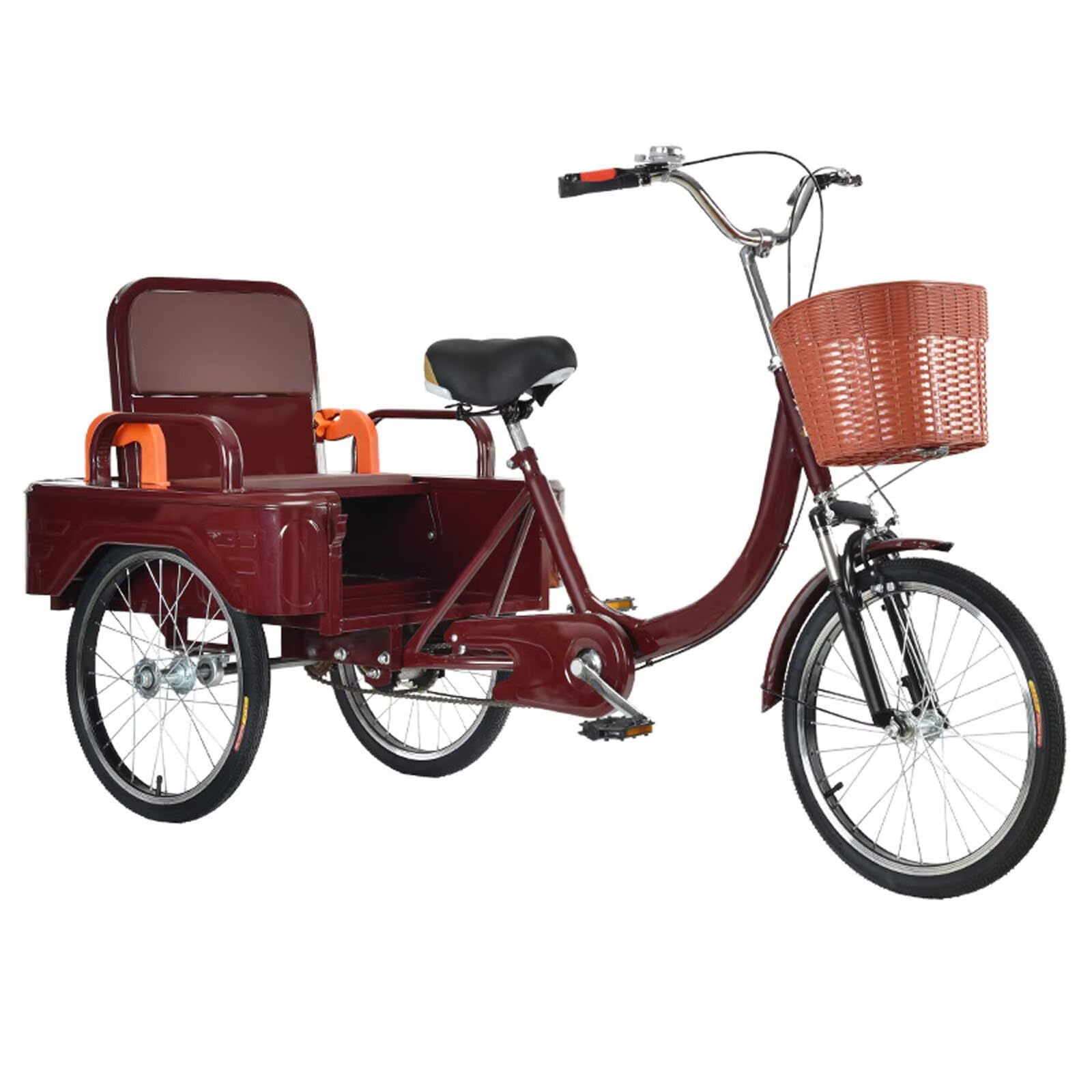 Single Speed 3 Wheel Bikes Adult Tricycle 20 Inch Passenger Cargo Seat Front Suspension Dual Chain Drive Wine Red