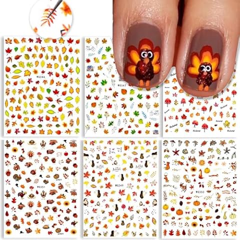 Fall Nail Stickers Thanksgiving Autumn Nail Art Decoration Supplies Fall Maple Leaves Thanksgiving Turkey Design Yellow Nail Decal 3D Self-adhesive for Women DIY Acrylic Nail Decorations 6sheets (C) Cover