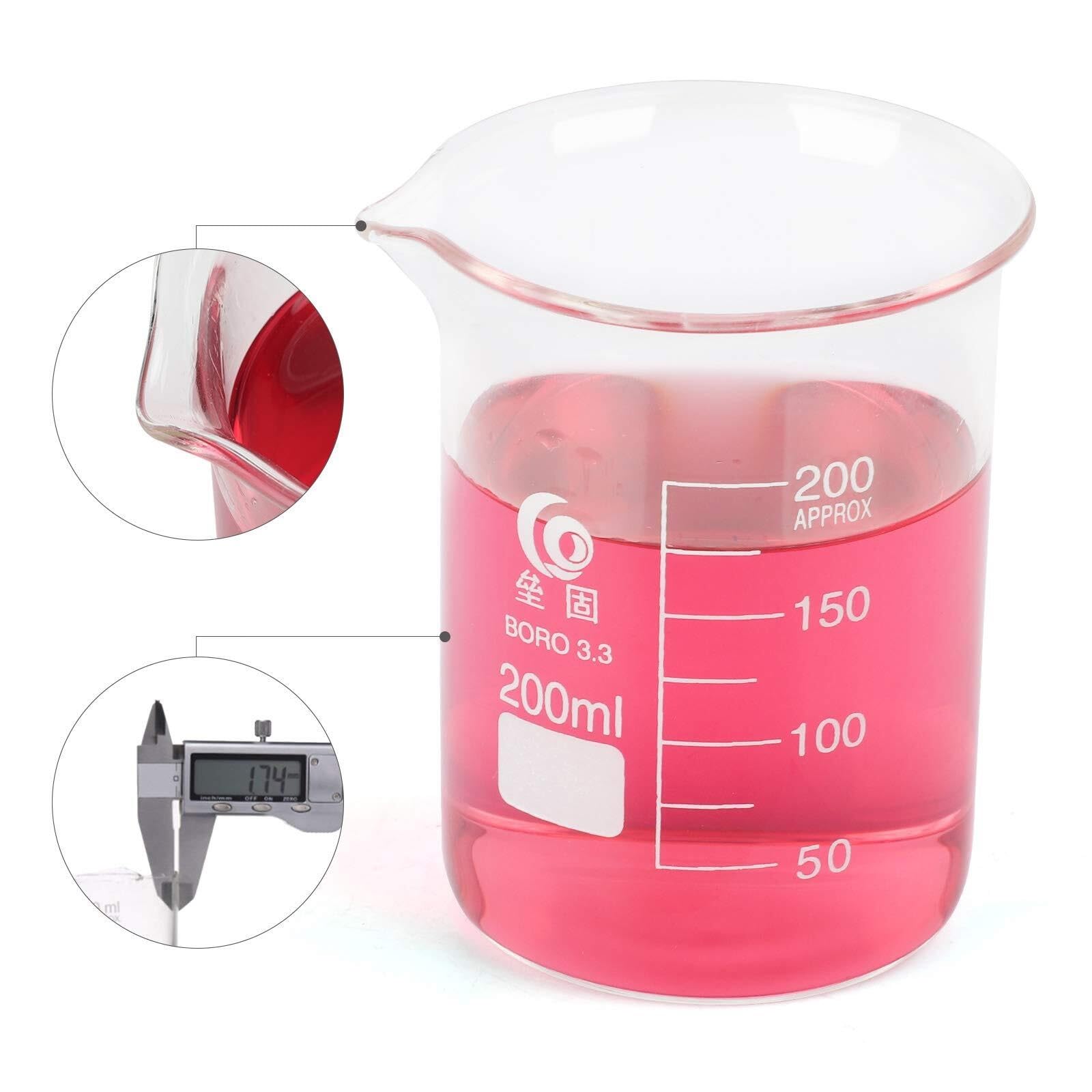Set 4 Vasos Bécher Graduados 25-50-100-200ml + 4 Pipetas de Vidrio 1ml – Borosilicato 3.3 Resistente Calor Química Laboratorio