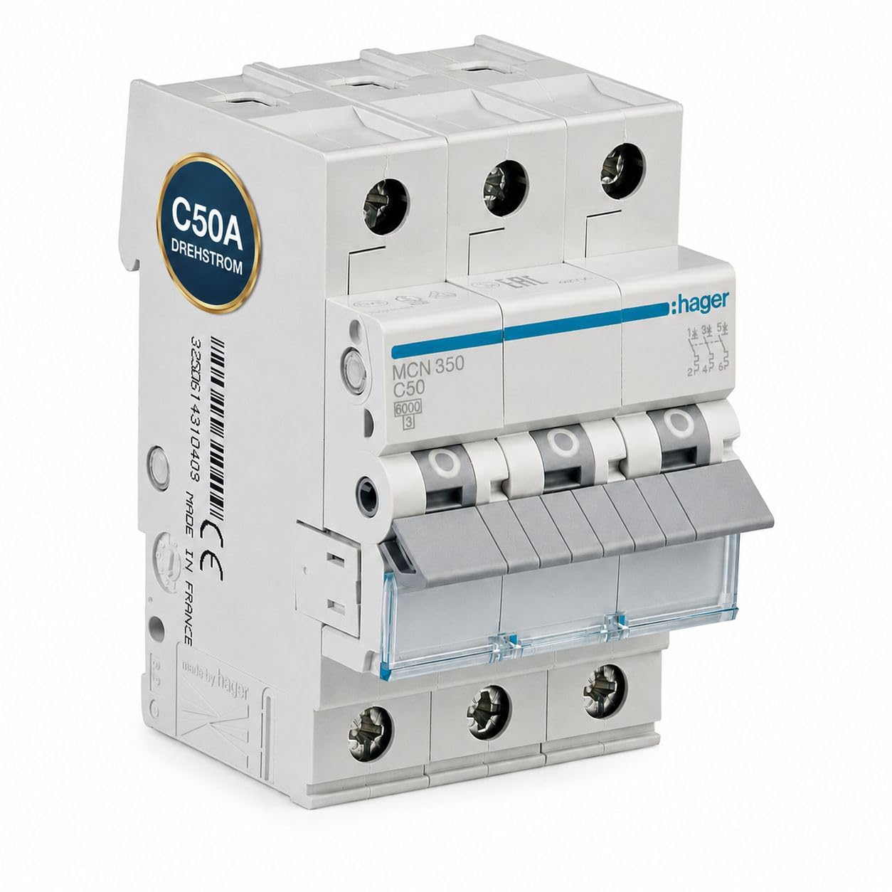 HAGER MCN350 Leitungsschutzschalter 3 polig 50A, C-Charakteristik, 6kA Sicherungsautomat 3P für Drehstrom, biconnect Klemmsystem, LS-Schalter für Hutschiene, 3 Module, 230 400V AC