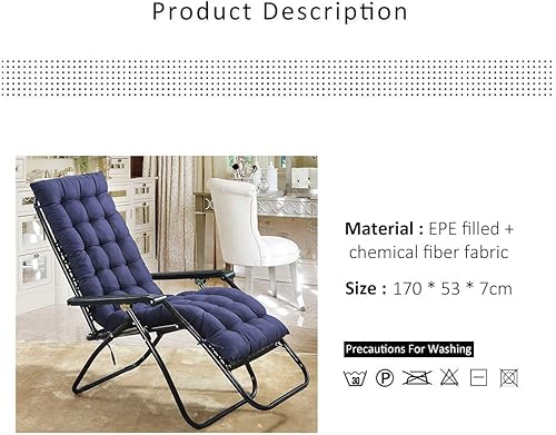 Miniatura 7 de Lounge Chaise Cushion Patio Recliner Chair Cushions Sun Lounger Mattress with Cap 60 Inch for Garden Outdoor Indoor Sofa Tatami Car Seat Bench (Blue)