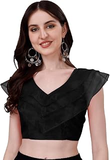 Pujia Mills Women's V Neck Orgenza Three Layer Ruffle Sleeve Frill Readymade Saree Blouse Price In India