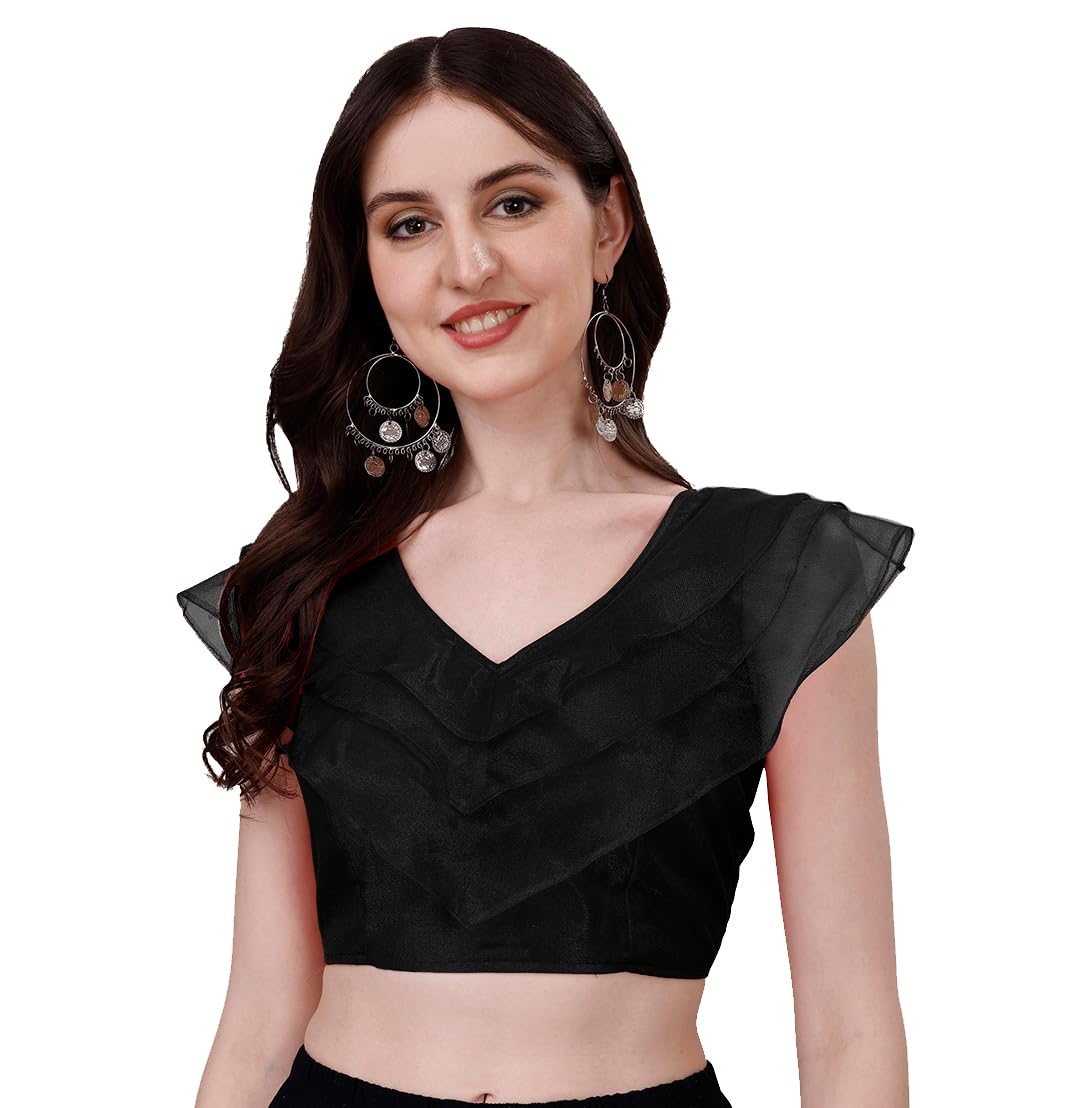 pujia mills Women's V Neck Orgenza Three Layer Ruffle Sleeve Frill Readymade Saree Blouse-picture-46
